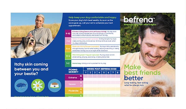 Befrena itch severity tracker brochure for pet owners. The graphic includes a 1-10 scale to monitor a dog's scratching and licking habits post-injection. It features a man smiling at his dog and asks, "Itchy skin coming between you and your bestie?"