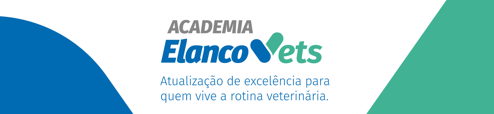 Banner da Academia ElancoVets com o texto: ‘ACADEMIA ElancoVets – Conhecimento atualizado para quem vive a clínica veterinária.’, em fundo branco com formas gráficas em azul e verde nas laterais.