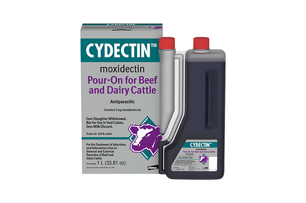 A grey and teal product carton for CYDECTIN (moxidectin) Pour-On for Beef and Dairy Cattle, featuring a purple cow silhouette, next to a black squeeze-and-pour measuring jug with red caps.
