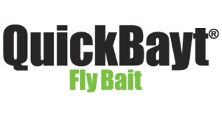 QuickBayt brand logo featuring black text above green text reading "Fly Bait".