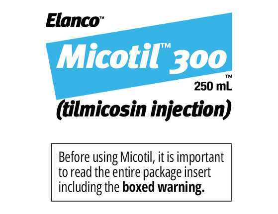 'Micotil 300' in white text inside a blue rectangular block, with '(tilmicosin injection)' in black text below.
