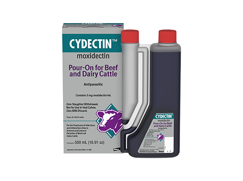 A grey and teal product carton for CYDECTIN (moxidectin) Pour-On for Beef and Dairy Cattle, featuring a purple cow silhouette, next to a black squeeze-and-pour measuring jug with red caps.
