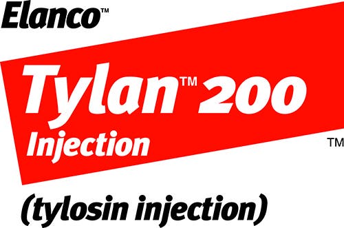 Elanco Tylan 200 Injection (tylosin injection) logo on a red slanted background.