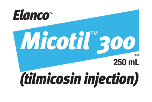 Elanco Micotil 300 (tilmicosin injection) 250 mL product logo in blue and black text.
