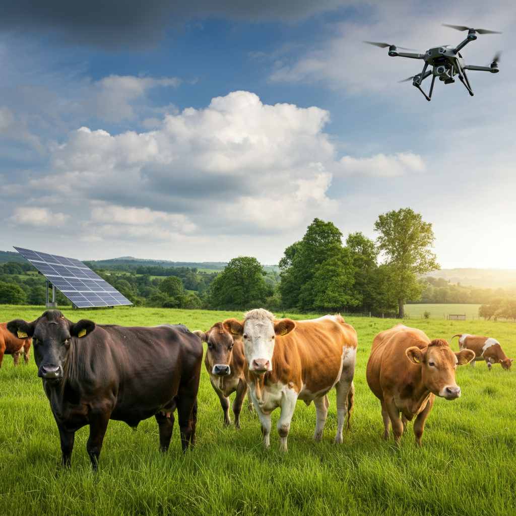 Pasto com drone e placas solares