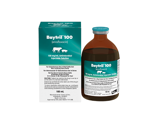 Baytril 100 enrofloxacin injectable product carton next to a brown glass dosing bottle.