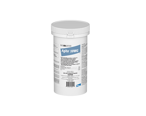 A white cylindrical plastic jar for Agita 10 WG featuring a label with blue text and technical information.