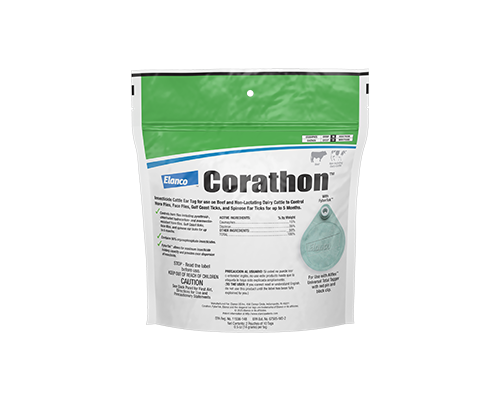 White and green resealable pouch packaging for Elanco Corathon Insecticide Cattle Ear Tags, featuring a picture of a blue ear tag on the front right.
