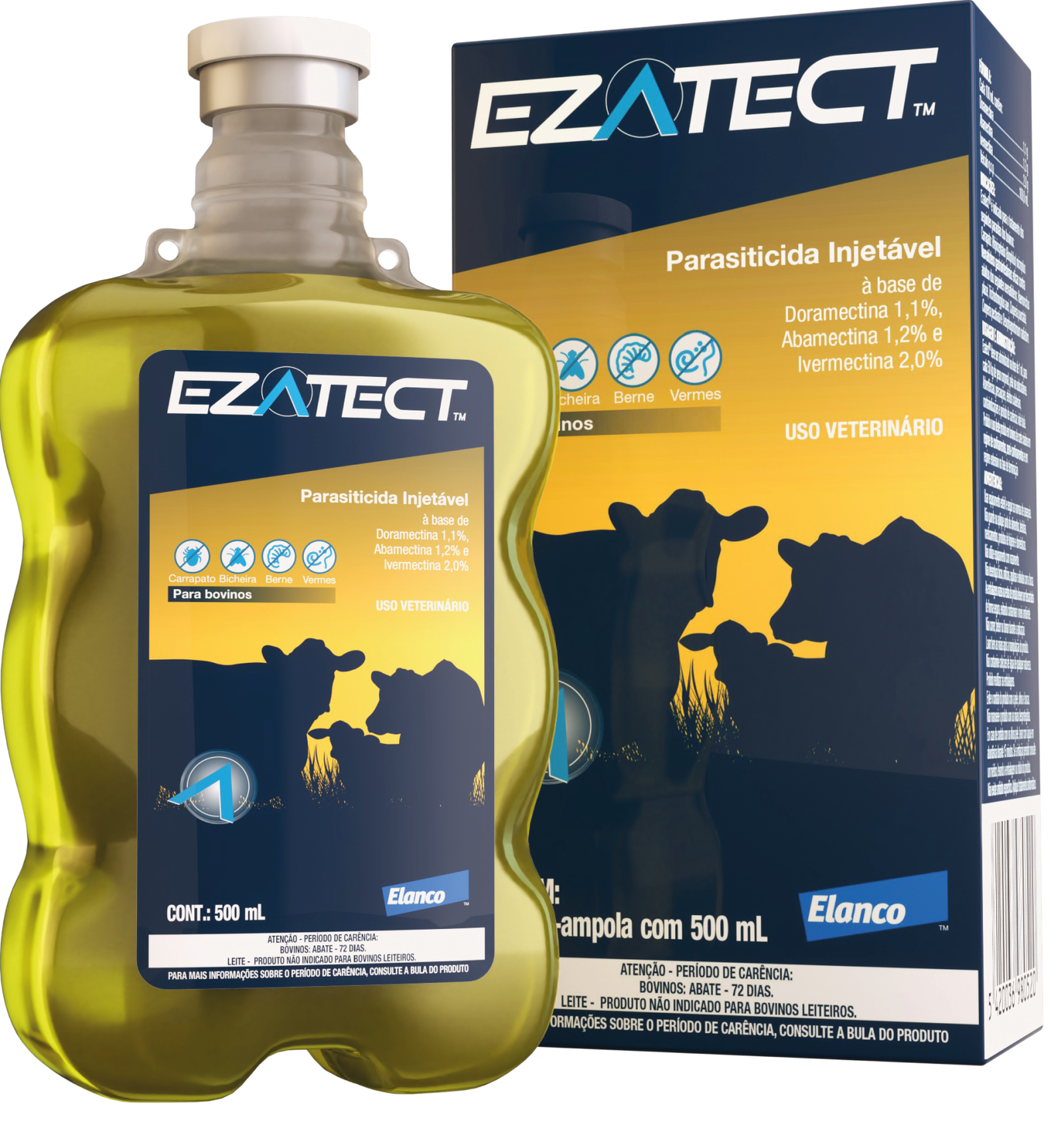 Embalagem Ezatect Elanco – solução injetável para bovinos contra carrapatos, vermes e larvas de dípteros