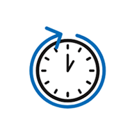 An icon of a clock face surrounded by a blue circular arrow, representing time or a recurring schedule.
