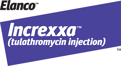 Elanco logo in black above 'Increxxa (tulathromycin injection)' in white text inside a slanted, dark purple rectangular block.