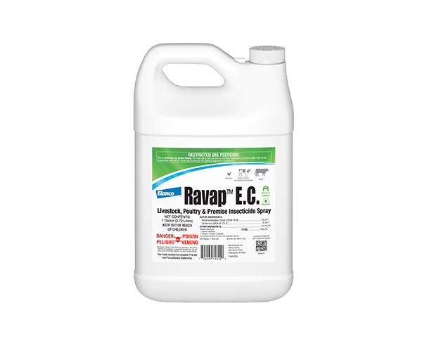 A white plastic jug of Ravap E.C. Livestock, Poultry & Premise Insecticide Spray.