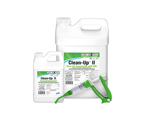 Two white plastic jugs of Clean-Up II Pour-On Insecticide displayed next to a green applicator gun.
