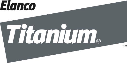 'Titanium' logo in white italicized text inside a slanted, grey rectangular block.