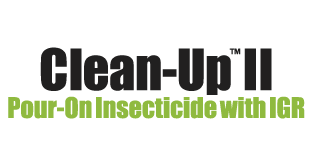 Clean-Up II' in bold black text above 'Pour-On Insecticide with IGR' in smaller bright green text.