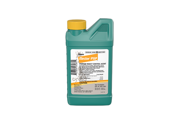 A green plastic jug for Elanco Elector PSP with a yellow cap and a white and orange label.

