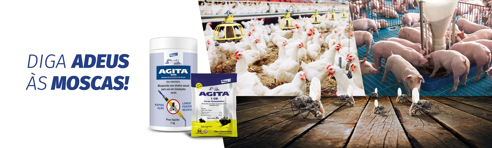 Embalagem dos produtos Agita™ 10 WG e Agita™ 1 GB da Elanco para controle de moscas em suínos. Ao fundo aves e suínos.