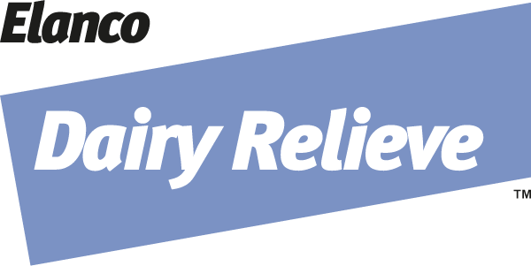 Elanco Dairy Relieve logo. Features white italicized text inside a light blue slanted rectangle with the black Elanco logo in the top left corner. White background.
