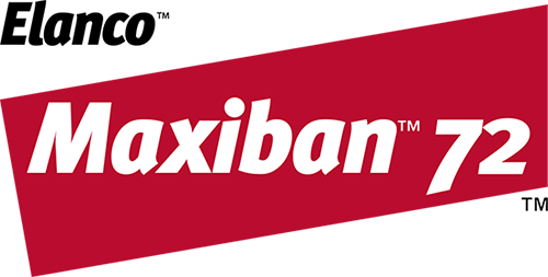 Elanco Maxiban 72 logo featuring 'Maxiban 72' in white italic text on a red slanted rectangle.
