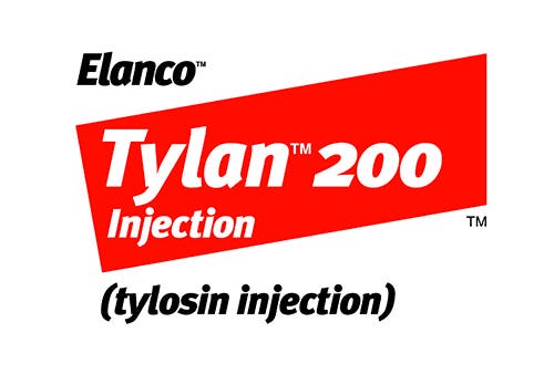 Elanco Tylan 200 Injection (tylosin injection) logo. Features white text inside a red slanted rectangle with the black Elanco logo in the top left corner. White background.