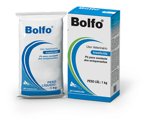 Embalagem de Bolfo Elanco inseticida em pó para combate de ácaro vermelho das galinhas e pulgas.