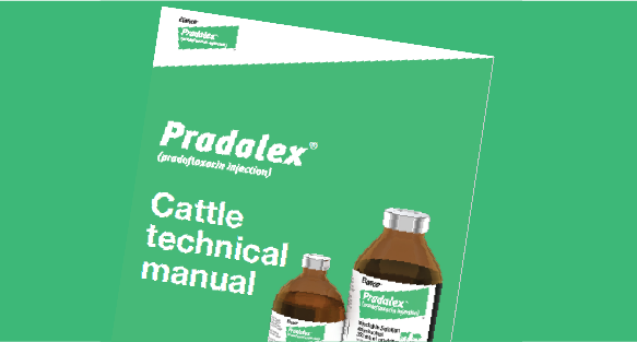 The green cover of the Elanco Pradalex® (pradofloxacin injection) Cattle technical manual, featuring the product name in bold white text and an illustration of two brown glass vials.
