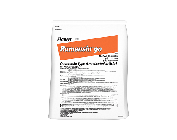 A large white bulk bag of Elanco Rumensin 90 (monensin Type A medicated article) featuring an orange block with the product name. The net weight is listed as 600 kg.

