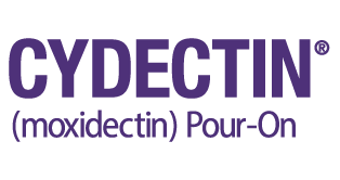 'CYDECTIN' in bold purple text above '(moxidectin) Pour-On' in smaller purple text.
