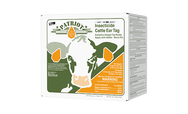 White product carton for Patriot Insecticide Cattle Ear Tags, featuring a graphic of a cow's head with orange ear tags.
