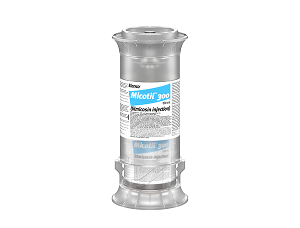 Elanco Micotil 300 (tilmicosin injection) vial enclosed in a clear protective plastic shroud.
