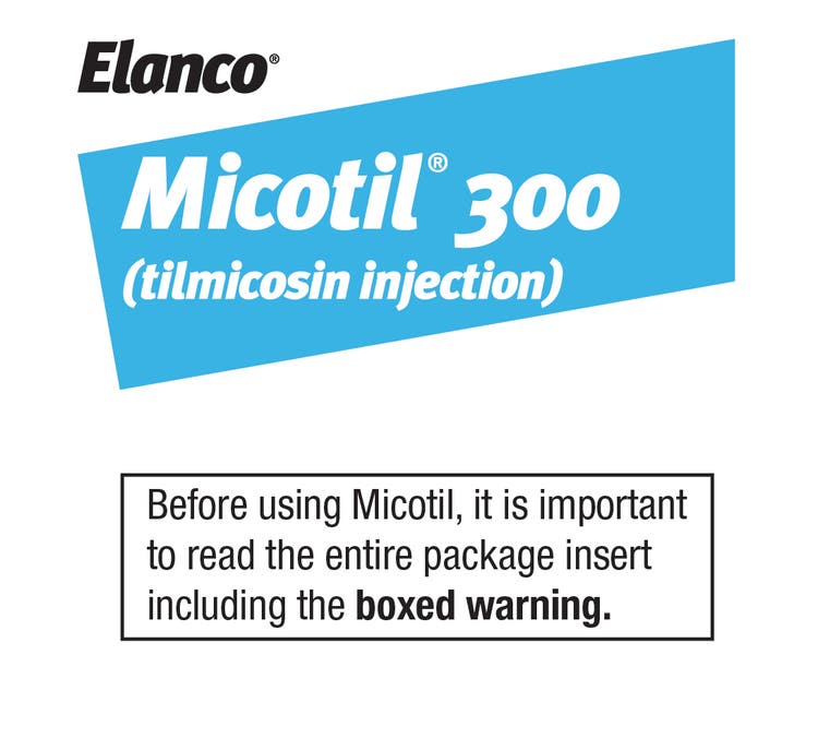 Elanco Micotil 300 (tilmicosin injection) logo on a light blue slanted background.