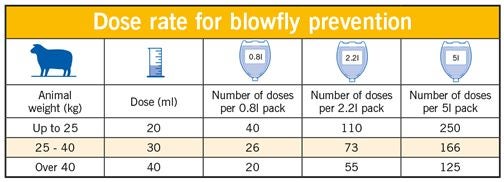 Dose table for Crovect when treating for blowfly strike