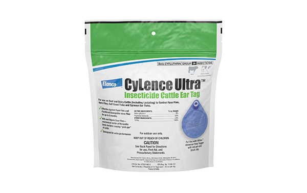 White and green resealable pouch packaging for Elanco CyLence Ultra Insecticide Cattle Ear Tags, featuring a picture of a blue ear tag on the front right.
