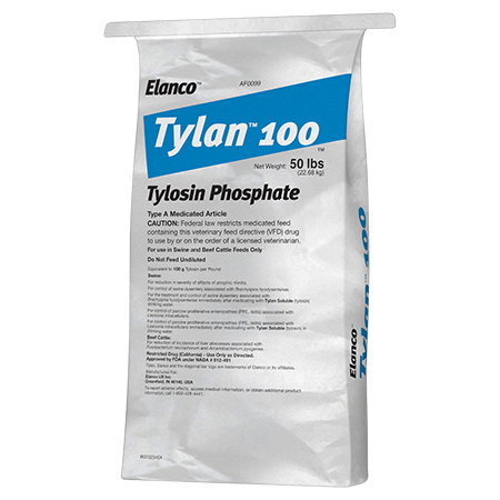 A large white 50 lb bag of Elanco Tylan 100 (Tylosin Phosphate) Type A Medicated Article, featuring a slanted blue block with the product name in white text.