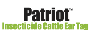 'Patriot' in bold black text above 'Insecticide Cattle Ear Tag' in bright green text.

