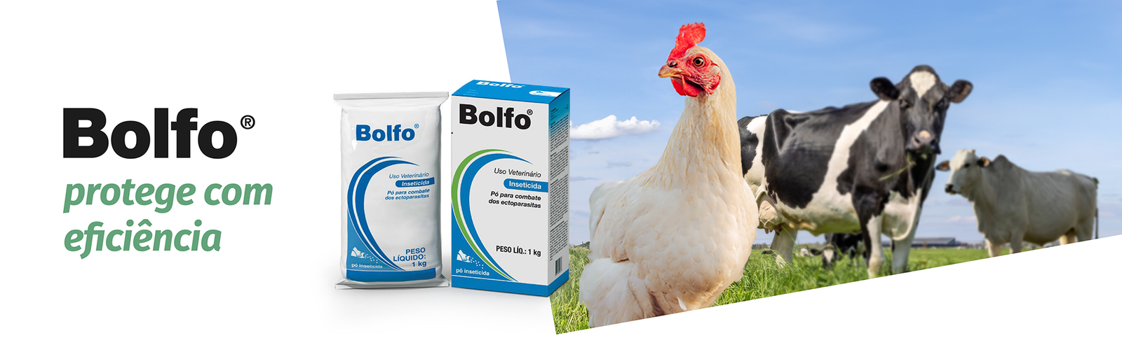 Bolfo Elanco pó inseticida para controle do ácaro vermelho das galinhas e ectoparasitas em instalações pecuárias com bovinos e aves.