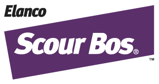 Elanco logo in black above 'Scour Bos' in white italicized text inside a slanted, dark purple rectangular block.