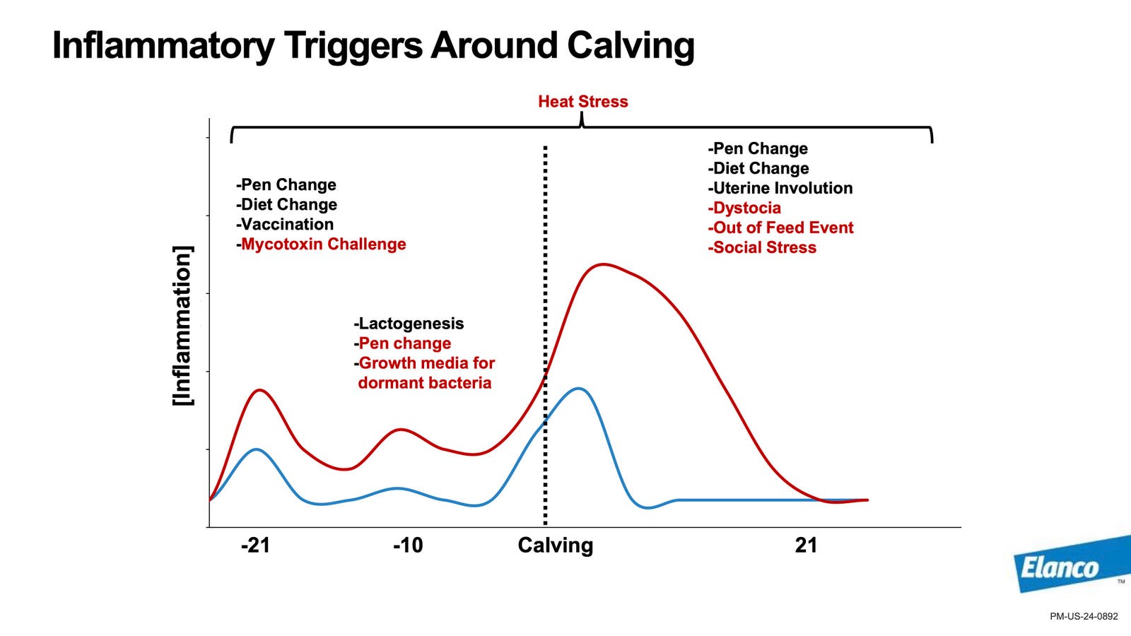 Elanco graph titled "Inflammatory Triggers Around Calving." It shows a significant spike in inflammation levels (red line) starting at calving and peaking shortly after. Key triggers listed include pen and diet changes, heat stress, dystocia, and social stress.