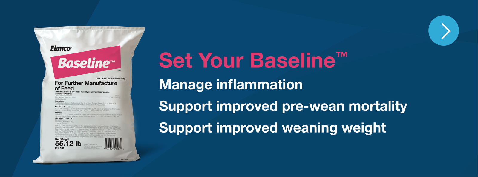 Graphic that has the Baseline package image and the text: Set Your Baseline: Manage inflammation, support improved pre-wean mortality, support improved weaning weight
