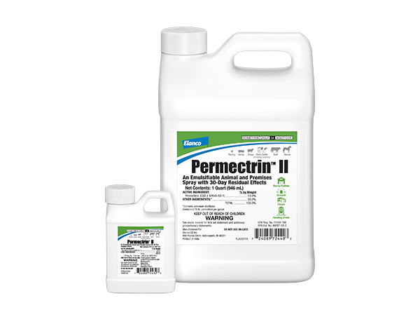 Two white, handled plastic jugs of Elanco Permectrin II An Emulsifiable Animal and Premises Spray. A small jug sits in front of a much larger jug. Both feature white labels with blue and green accents.