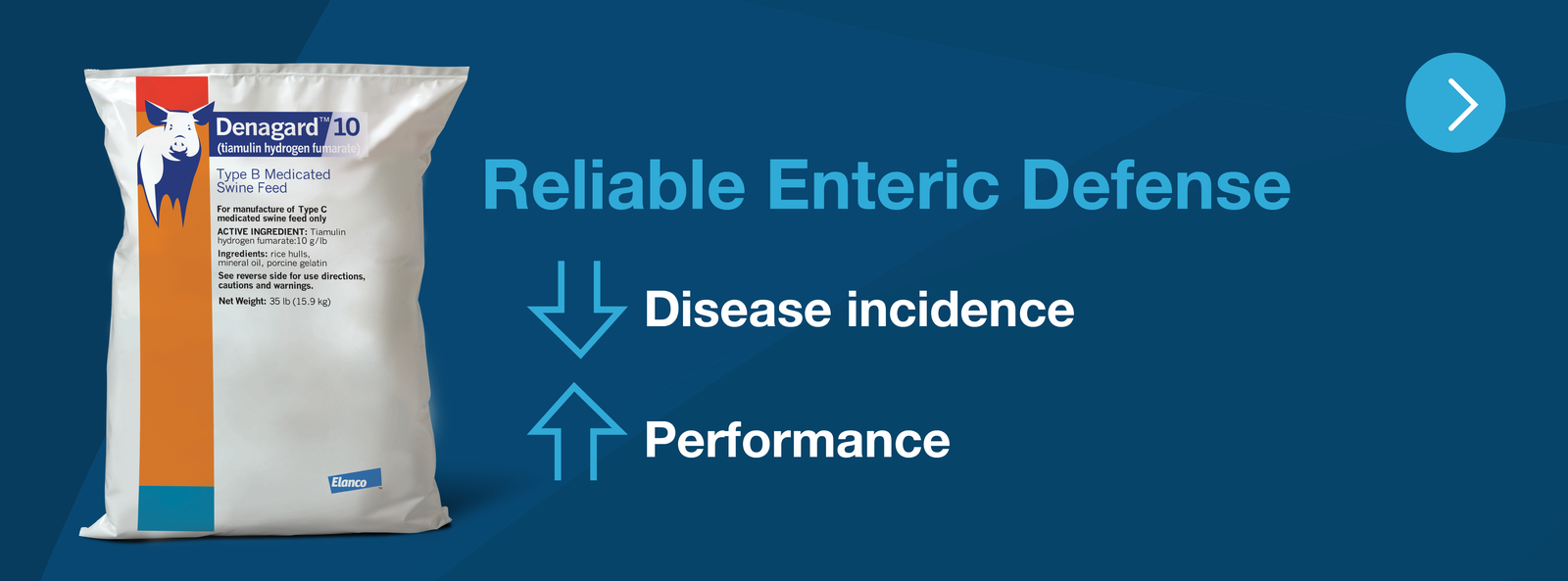 Graphic with Denagard product image and the text: Reliable Enteric defense, decrease disease incidence and improve performance