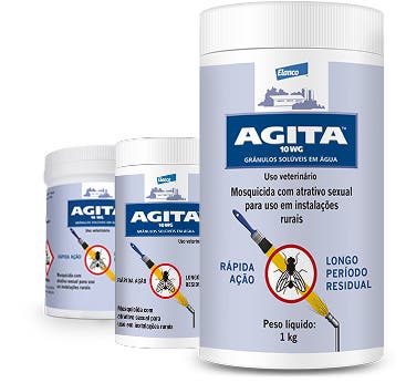 Embalagem dos produtos Agita™ 10 WG e Agita™ 1 GB da Elanco para controle de moscas em suínos.