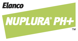 Elanco logo in black above 'NUPLURA PH+' in white text inside a slanted, lime green rectangular block.

