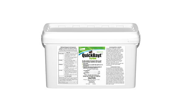 A white rectangular plastic tub with a lid for QuickBayt Fly Bait, featuring a white label with green accents.