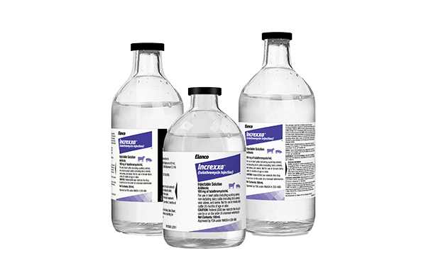 Three clear glass vials of Elanco Increxxa (tulathromycin injection) in varying sizes, featuring white labels with dark purple blocks.