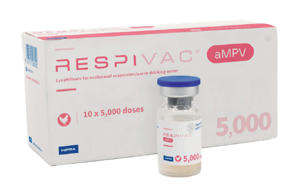 A white and pink box of RESPIVAC aMPV vaccine by HIPRA, containing 10 vials of 5,000 doses each, pictured alongside a single glass vial with a blue cap.