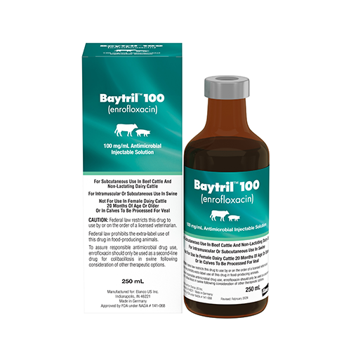 Baytril 100 enrofloxacin injectable product carton next to a brown glass dosing bottle.
