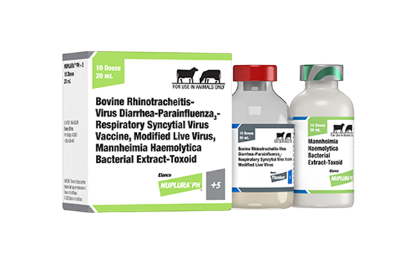 A white product carton with green accents for Elanco Nuplura PH+ vaccine, alongside two glass vials containing the vaccine components. One vial has a red cap, the other a green cap.

