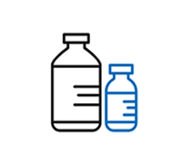 An icon representing two medicine bottles or vials of different sizes, one outlined in grey and the smaller one in blue.
