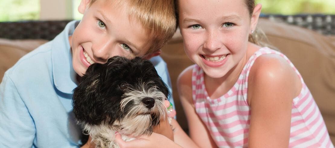 Due bambini che abbracciano un cucciolo 